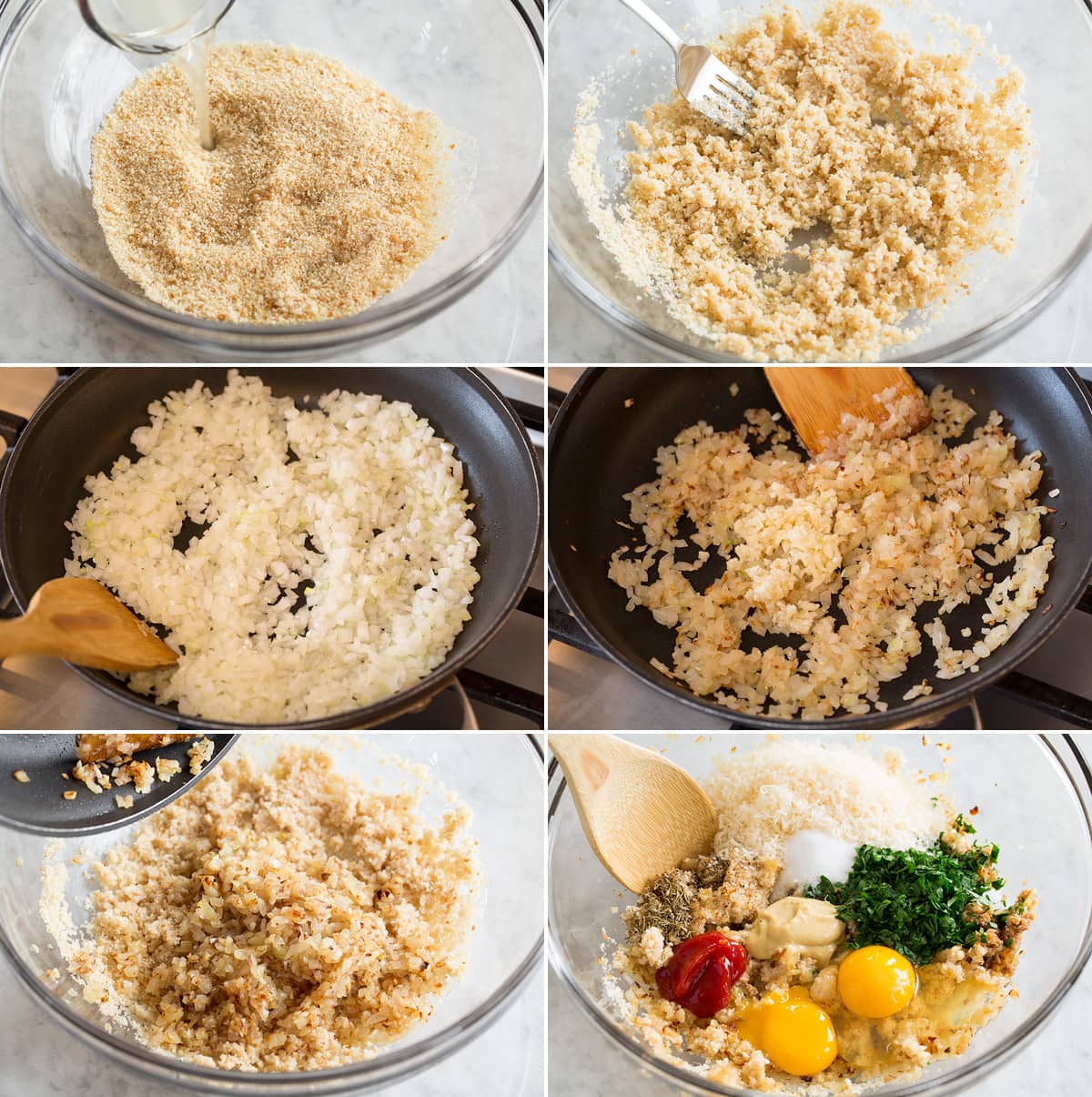 Turkey Meatloaf Collage of six photos showing first six steps of making turkey meatloaf. Shows mixing bread crumbs and chicken broth in a bowl. Sautéing onion and garlic in skillet. Adding onion mixture to crumb mixture along with eggs and flavoring ingredients.