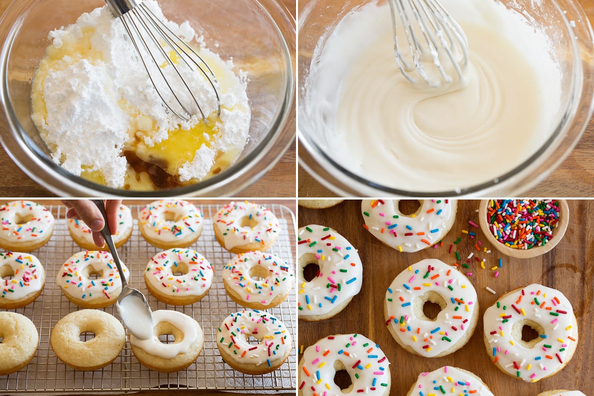 Baked Donuts Collage of four photos showing how to make glaze for donuts then spread over baked donuts.