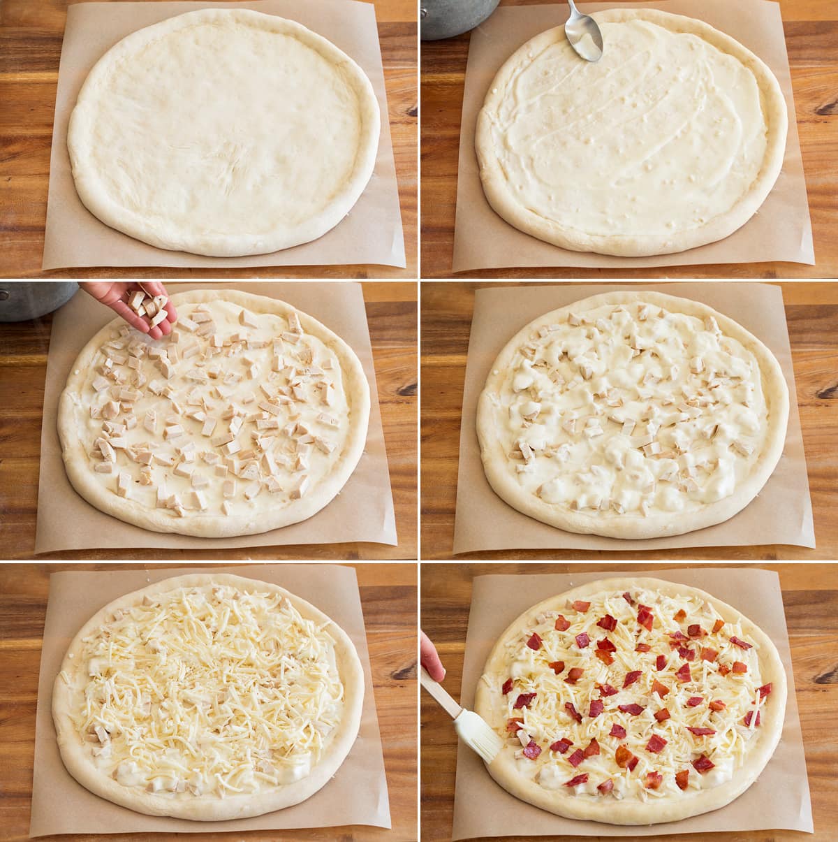 Chicken Alfredo Pizza Collage of six photos showing how to shape an alfredo pizza crust and layer toppings.