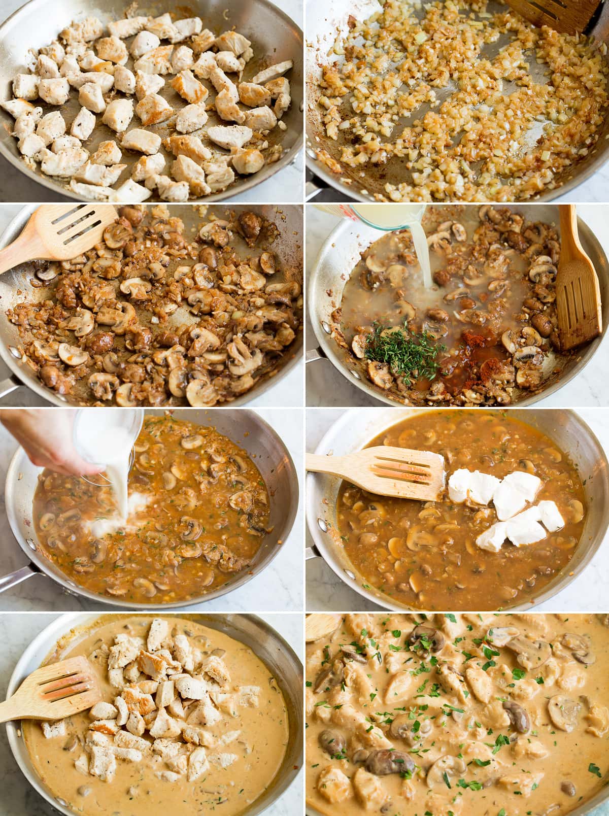 Chicken Stroganoff Collage of eight photos showing steps of making chicken stroganoff in a skillet. Shows browning chicken, then onions, then mushrooms. After that includes adding liquids and cream cheese for sauce then mixing chicken back in.