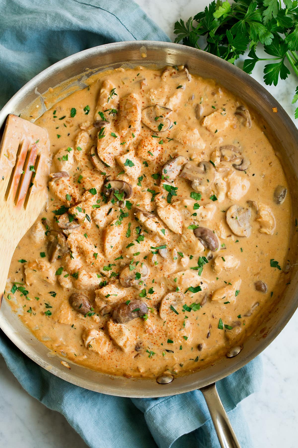 Chicken Stroganoff Overhead photo of Chicken Stroganoff in a skillet.