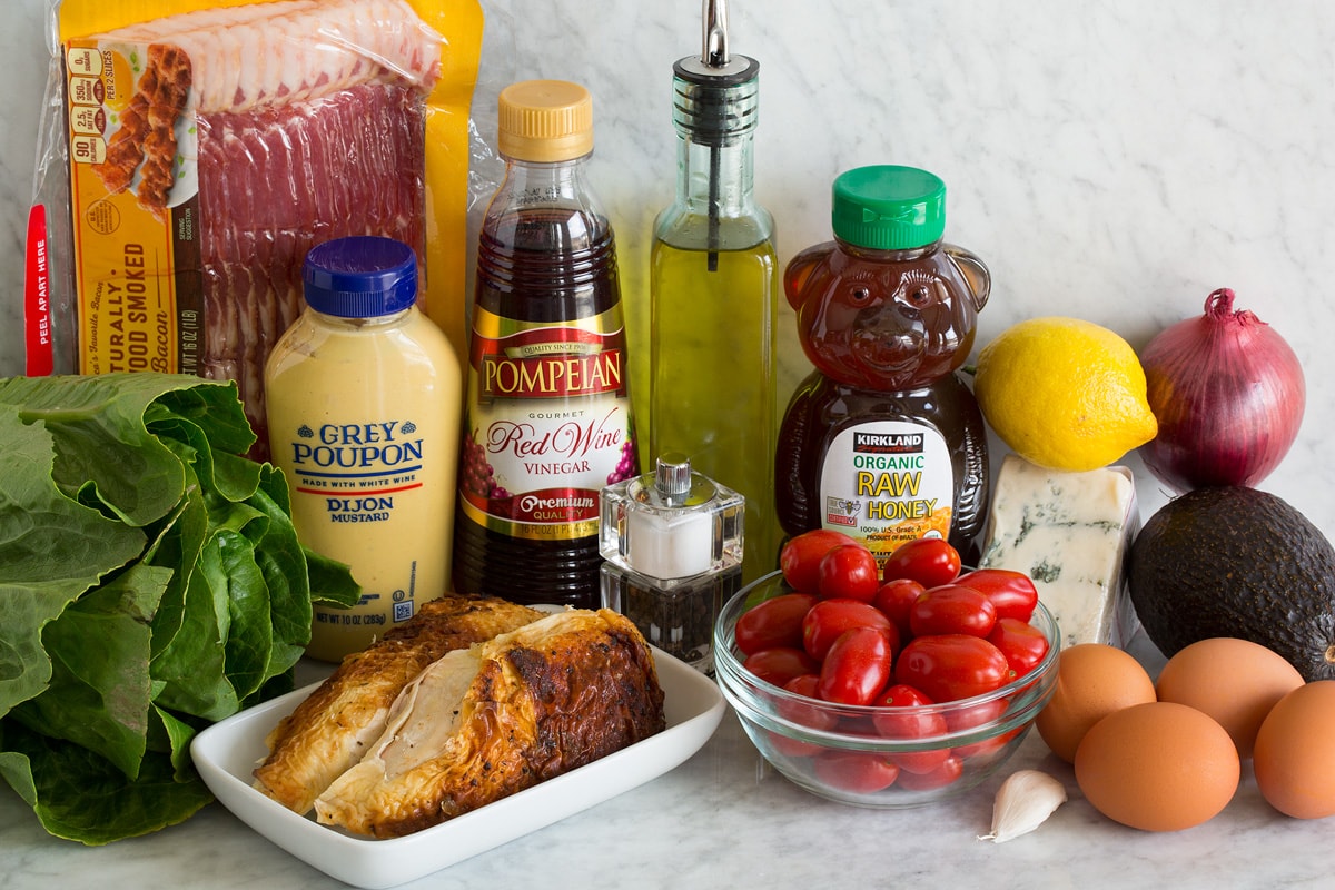Cobb Salad Photo of ingredients used in cobb salad and cobb salad dressing.