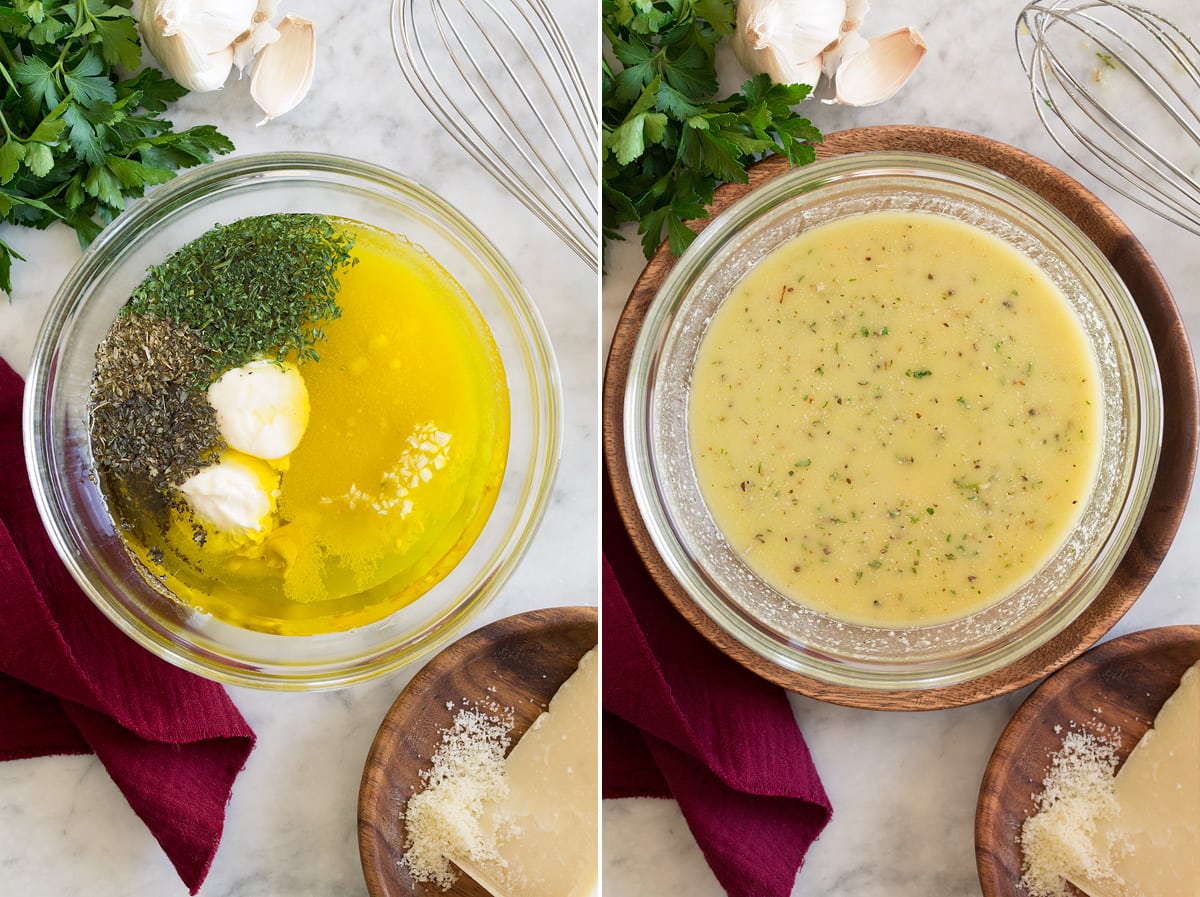 Italian Dressing Collage of two photos showing Italian dressing before and after mixing in a glass mixing bowl.