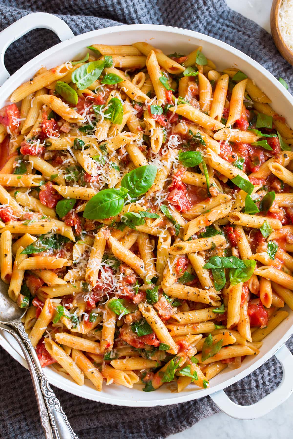 One Pot Pasta Overhead photo of one pot pasta on a large white serving platter.