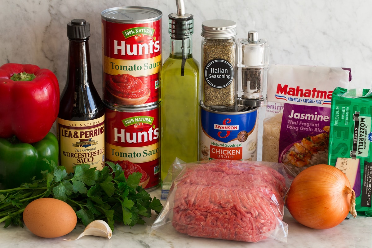 Porcupine Meatballs Porcupine Meatballs Ingredients. Includes ground beef, onion, rice, mozzarella, chicken broth, Italian seasoning, olive oil, tomato sauce, Worcestershire, parsley, bell peppers, egg and garlic.