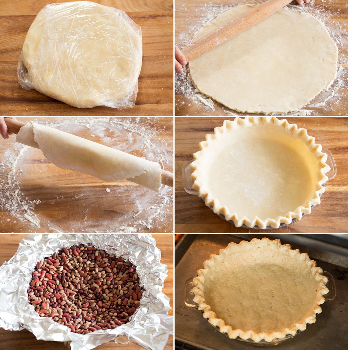 Quiche Collage of six photos showing how to shape and blind bake quiche crust in pie pan.