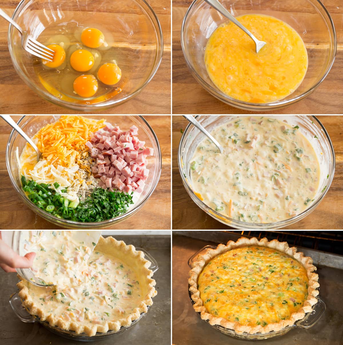 Quiche Collage of six photos showing how to make quiche filling and bake in crust.