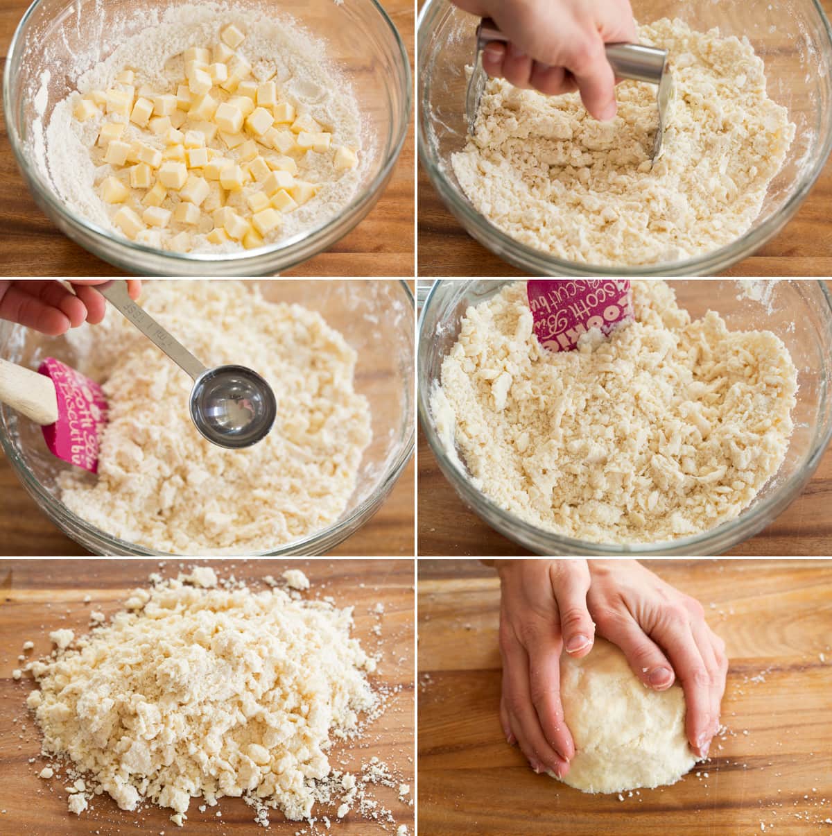 Quiche Collage of six photos showing steps to preparing quiche crust dough.