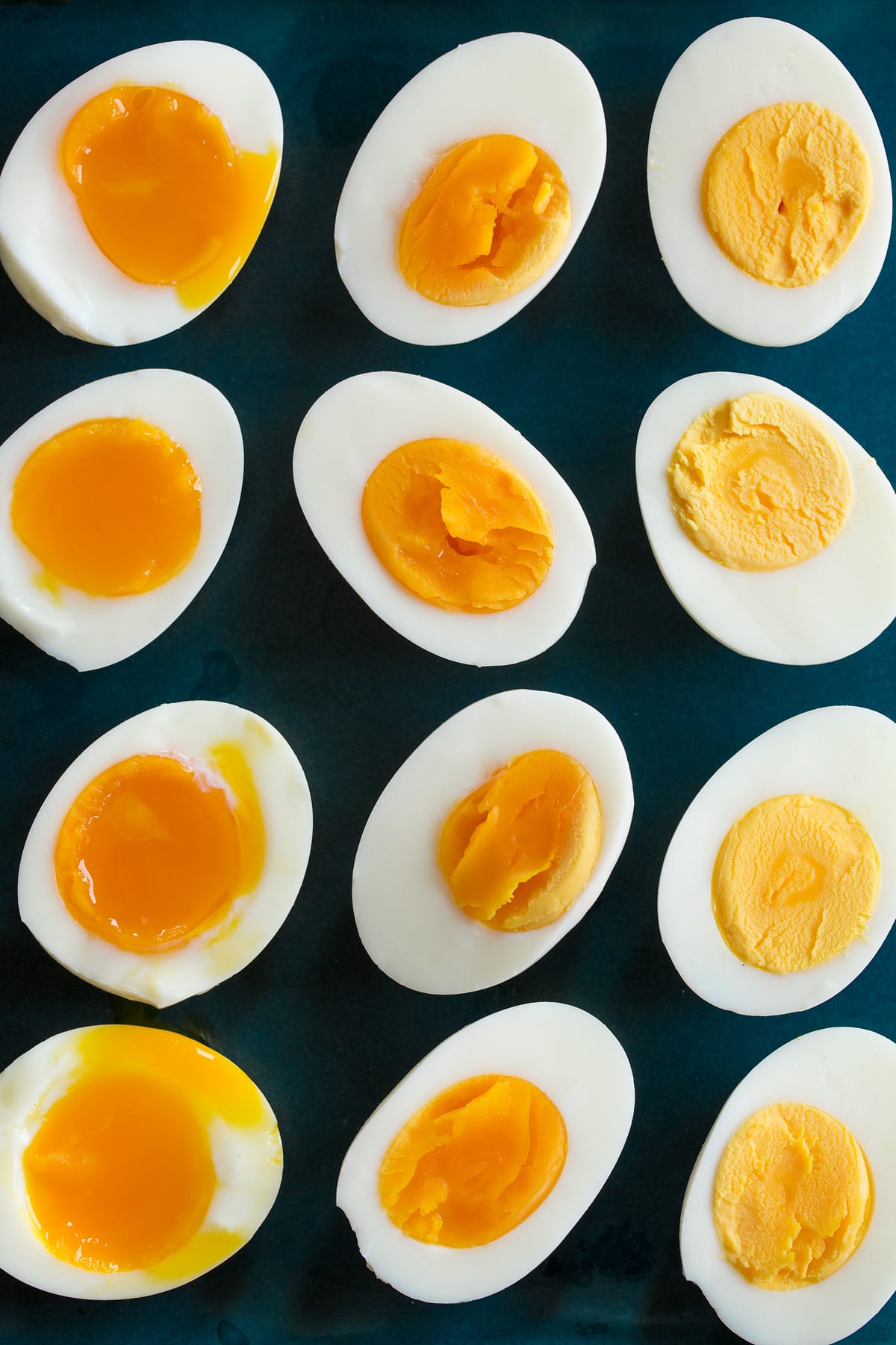 Steamed Eggs Overhead photo showing three types of steamed eggs with set yolk, nearly set yolk and runny yolk.