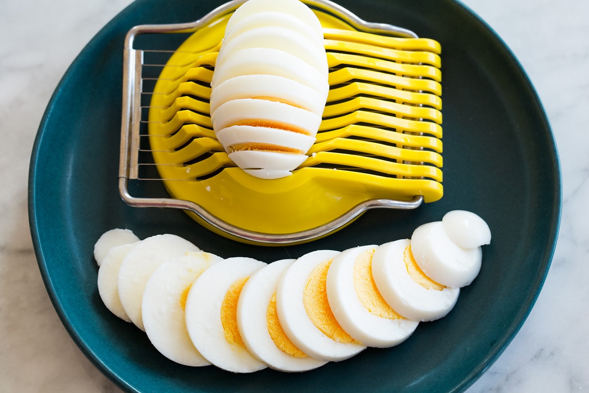 Steamed Eggs Steamed eggs shown after being sliced in an egg slicer.