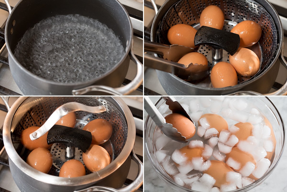 Steamed Eggs Collage of four photos showing steps to steam eggs in a pot of with simmering water and a steamer basket. Also shows submerging eggs in ice water after cooking.