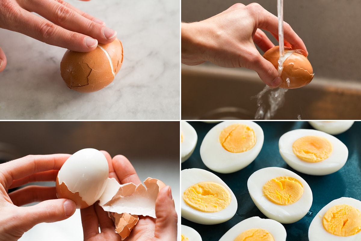 Steamed Eggs Collage of four photos showing how to peel eggs by cracking all over, running under cold water then pulling peel away. Also shows eggs after cutting.