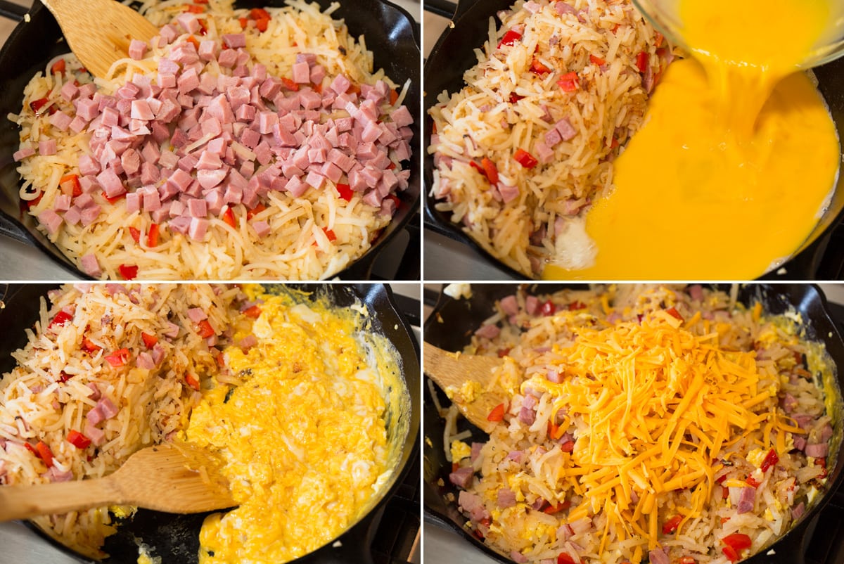 Breakfast Hash Collage of four photos showing continued steps to making breakfast hash in a cast iron skillet.