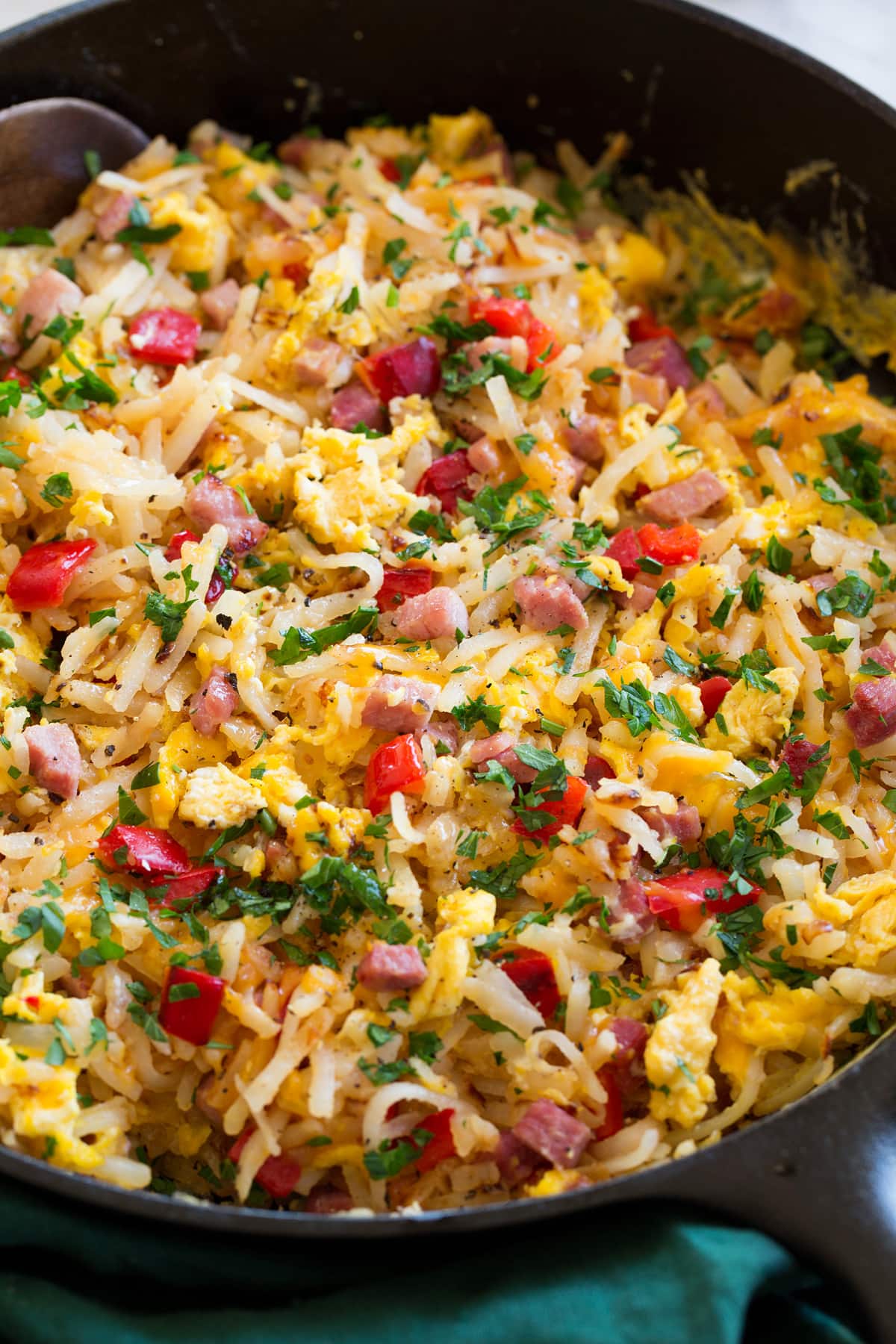 Breakfast Hash Photo: Breakfast hash shown close up in a cast iron skillet.