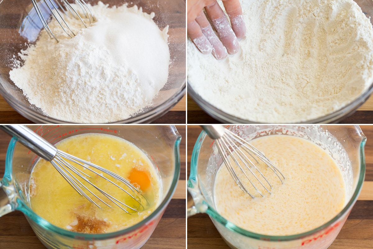 Homemade Pancakes Collage of four photos showing how to make dry and wet mixtures for pancake batter.