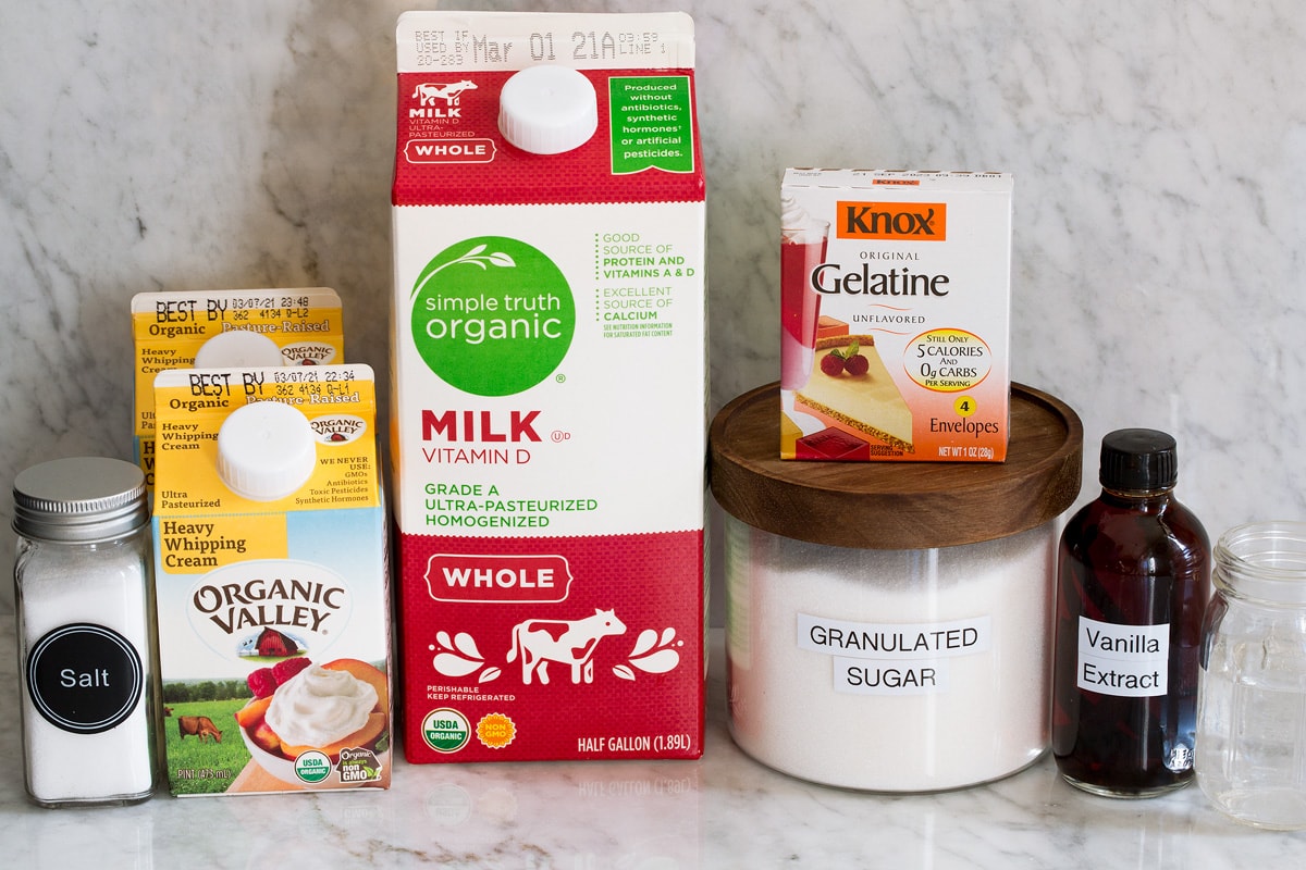 Panna Cotta Image of ingredients used to make panna cotta. Includes whole milk, heavy cream, sugar, gelatin, vanilla, salt and water.