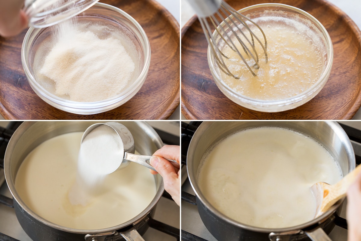 Panna Cotta Photo: Collage of four images first two showing steps to making gelatin mixture, second showing making milk mixture for panna cotta.