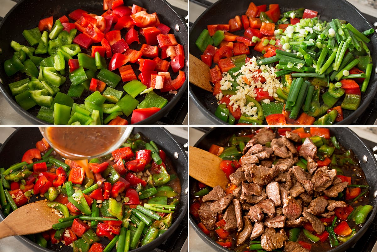 Pepper Steak Photo: Collage of four images showing sauteing vegetables in a skillet then adding sauce, then steak.