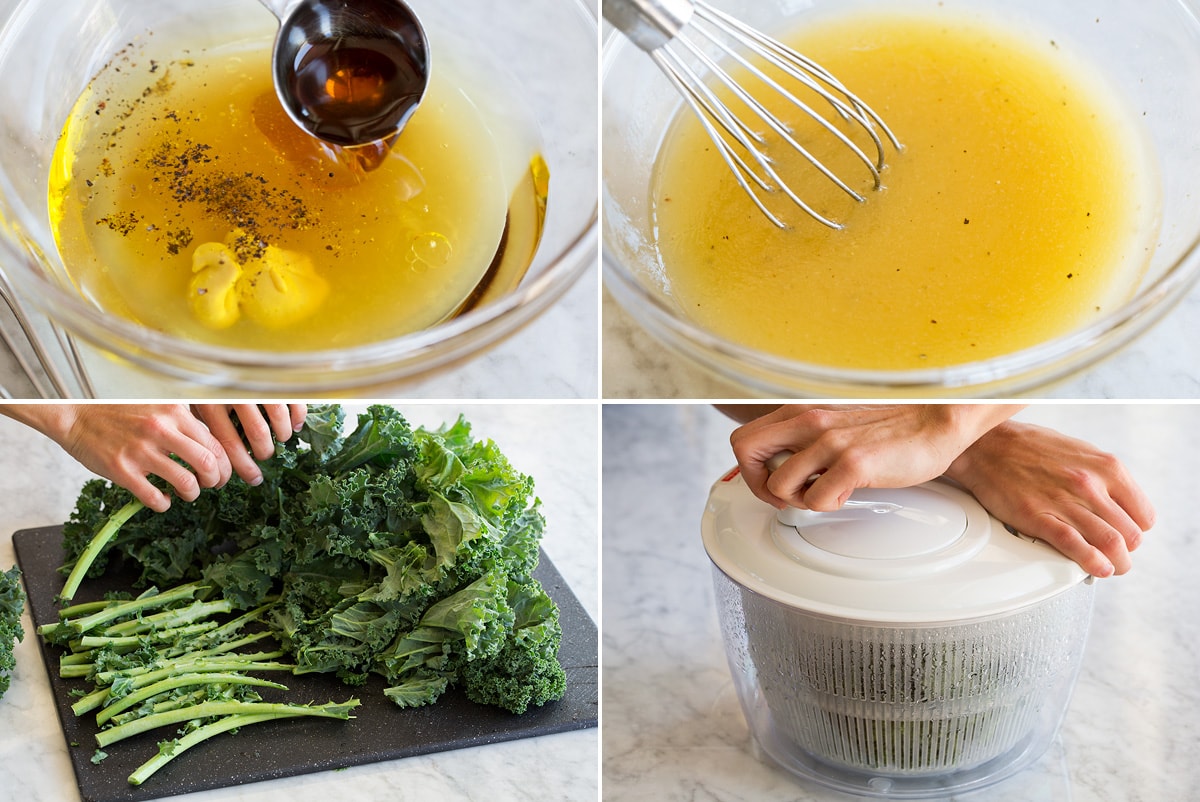 Kale Salad Collage of four photos showing how to make dressing, remove kale from stems and spin kale in salad spinner to dry.
