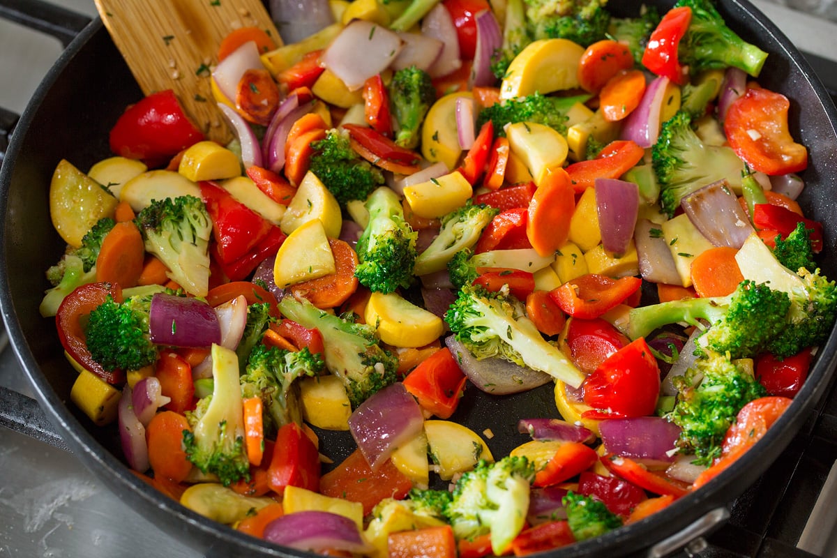 Sautéed Vegetables Photo: Finished sauteed vegetables shown on the stovetop.