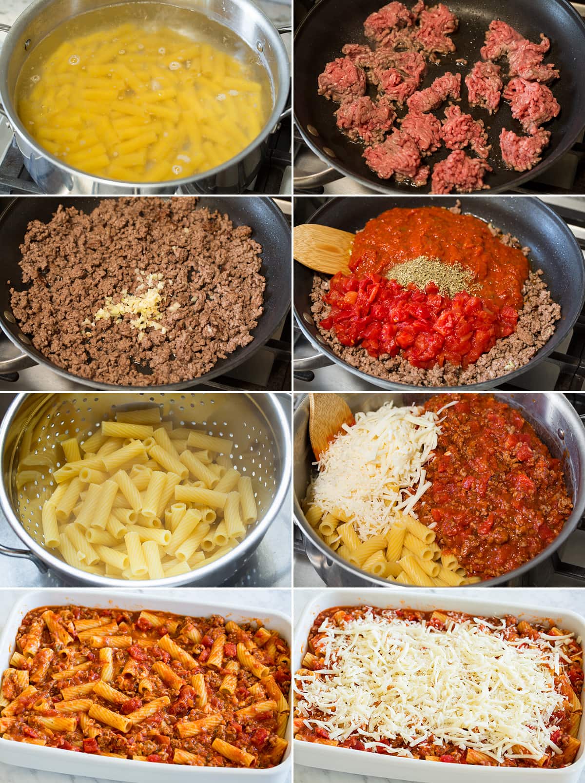Baked Rigatoni Collage of eight photos showing steps of making rigatoni. Includes boiling pasta, cooking beef, mixing pasta cheese and sauce, spreading into a baking dish and baking.