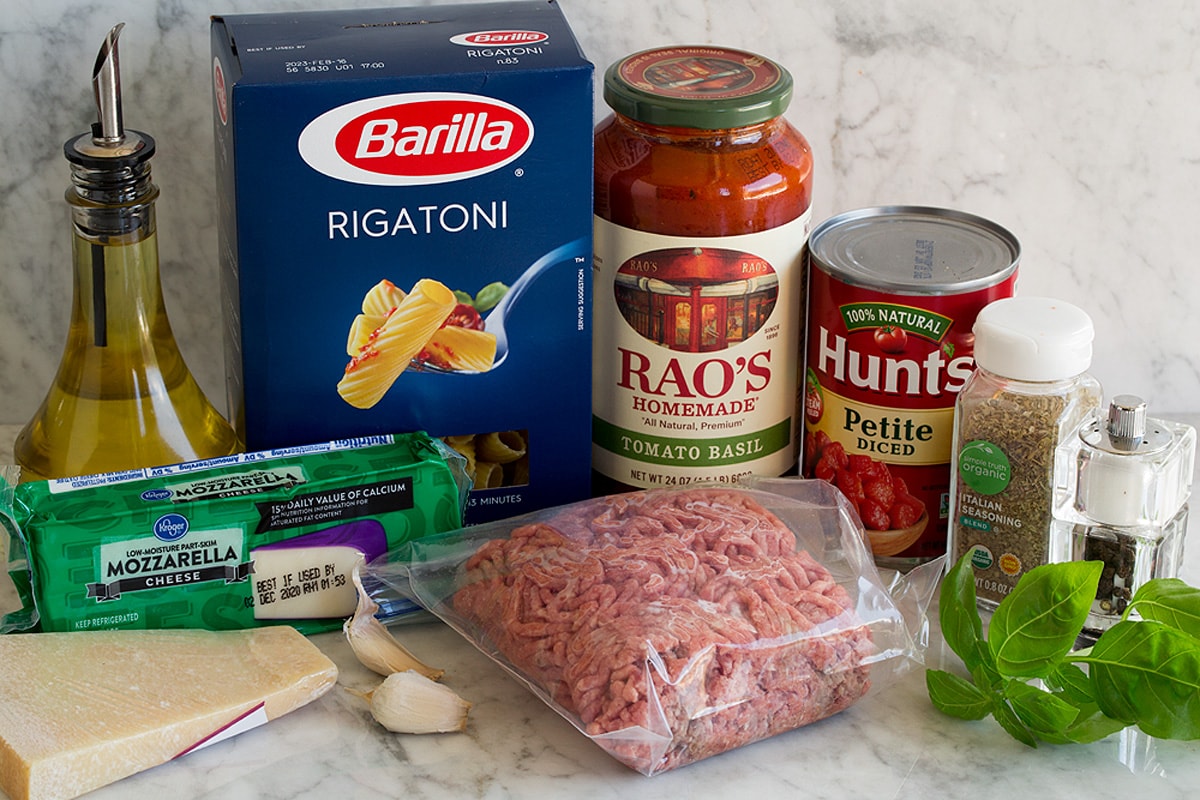 Baked Rigatoni Ingredients used to make baked rigatoni.