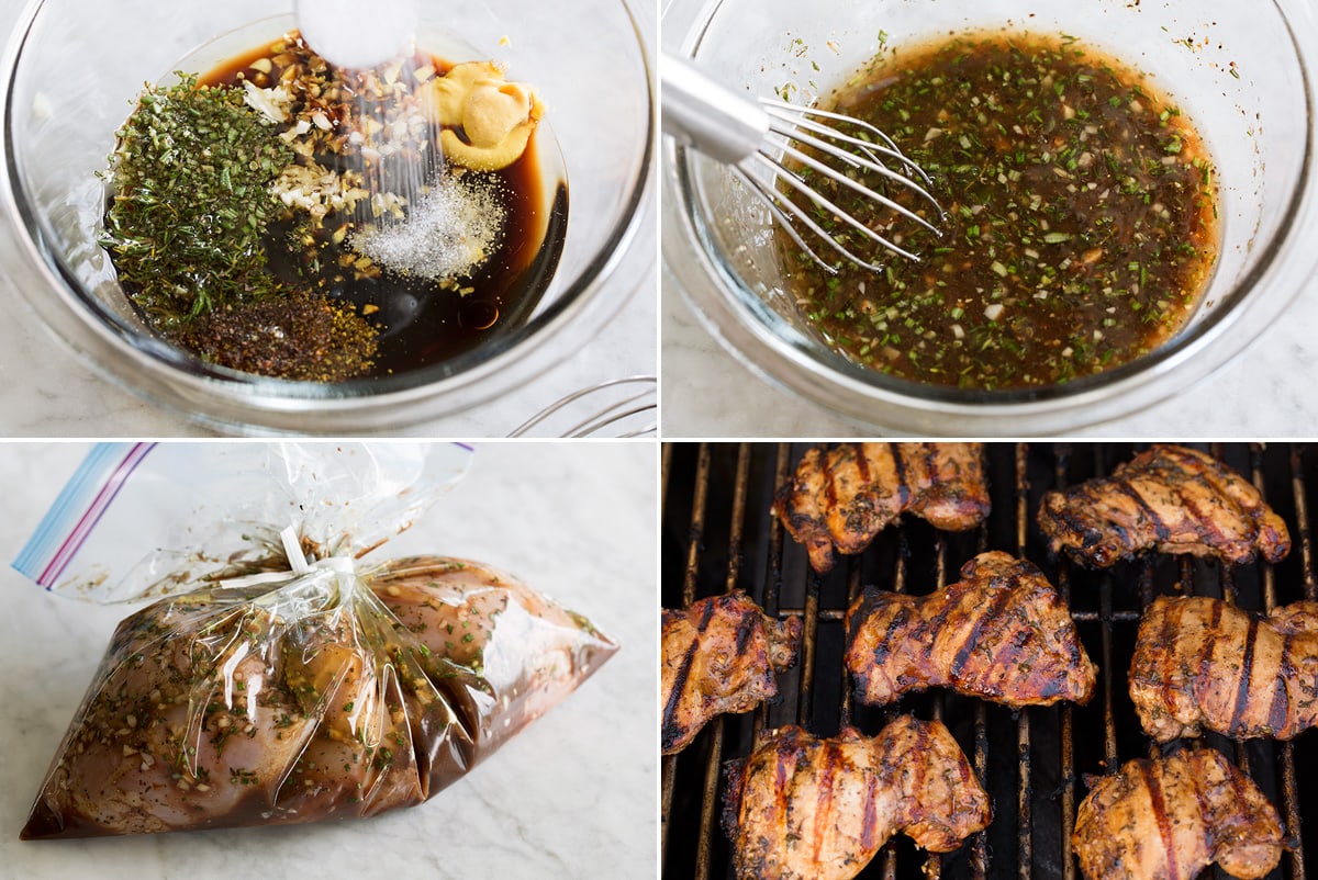 Balsamic Chicken Collage of four photos showing steps of making balsamic marinade, soaking with chicken in bag, then grilling.
