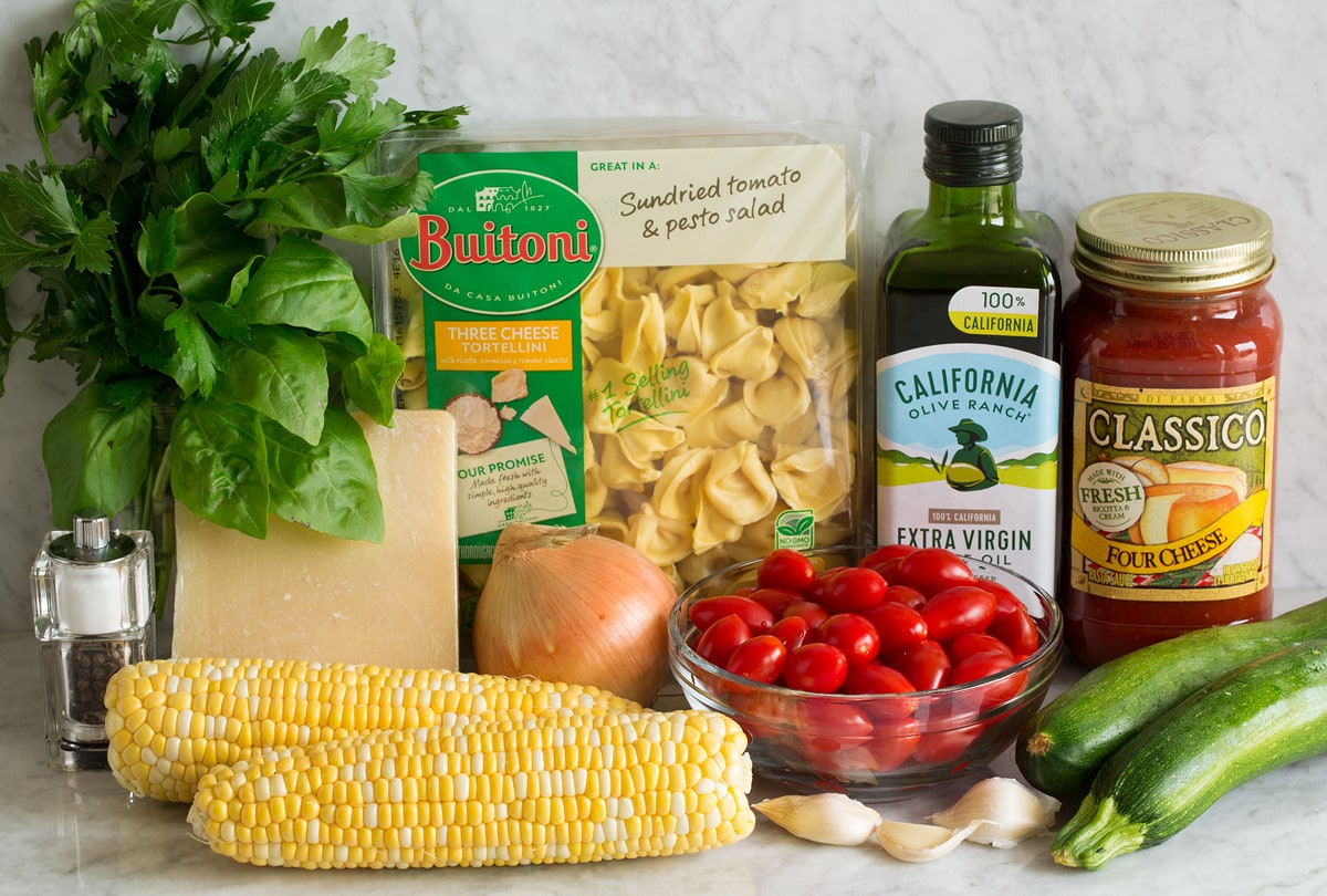 Cheese Tortellini with Summer Veggies Photo: Ingredients used to make cheese tortellini with vegetables shown here.