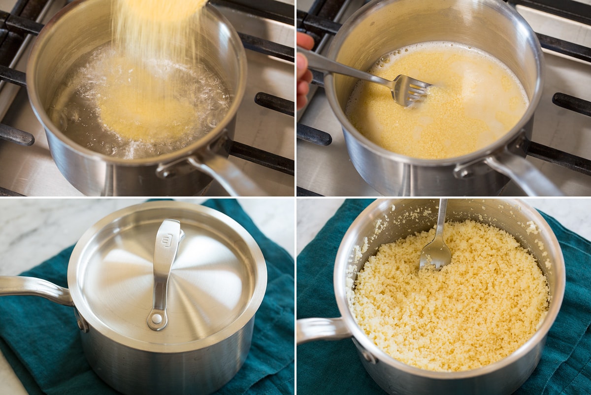 Couscous Salad Collage of four photos showing steps to cooking couscous in a saucepan.