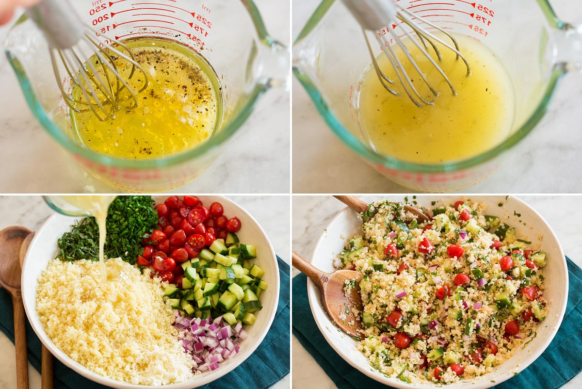Couscous Salad Collage of four photos showing a dressing being made and tossing dressing with a couscous salad.