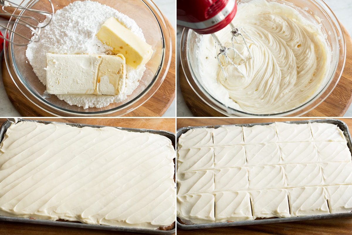 Pumpkin Bars Four photos showing steps of making cream cheese frosting and spreading over bars.