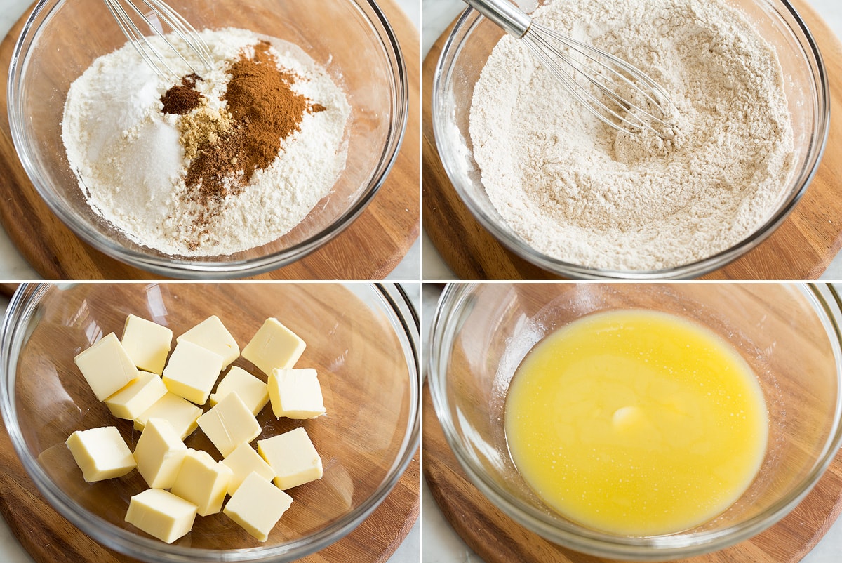 Pumpkin Bars Collage of four photos showing flour mixture and butter for pumpkin bars.