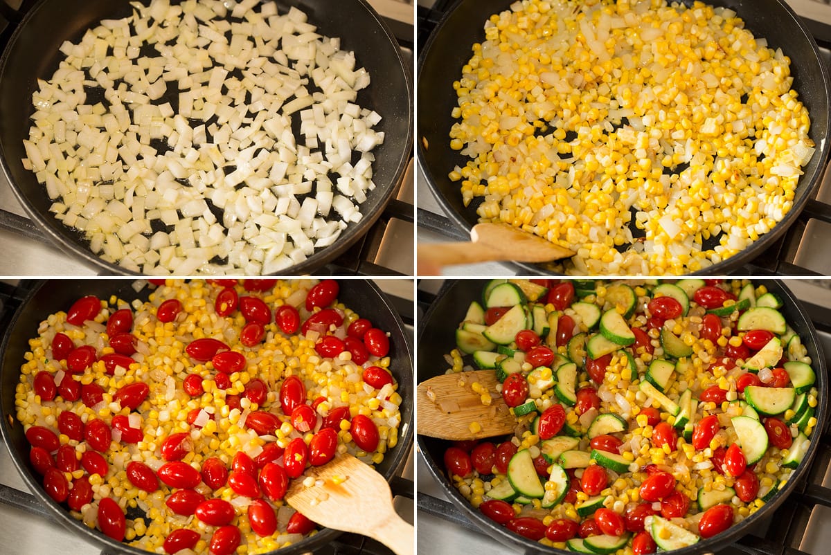 Cheese Tortellini with Summer Veggies Collage of four photos showing how to saute vegetables.