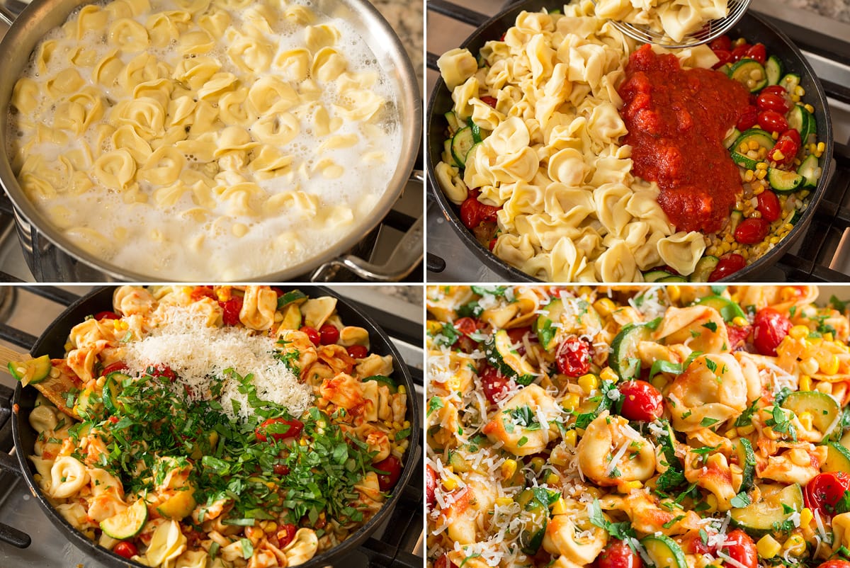 Cheese Tortellini with Summer Veggies Photo: Collage of four photos showing how to cook tortellini and toss with sauteed vegetables and sauce.