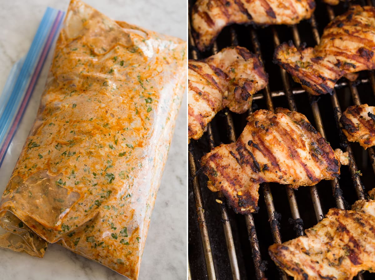 Yogurt Marinade Collage of two photos. Chicken thighs in yogurt marinade in a ziploc, then showing chicken being grilled.