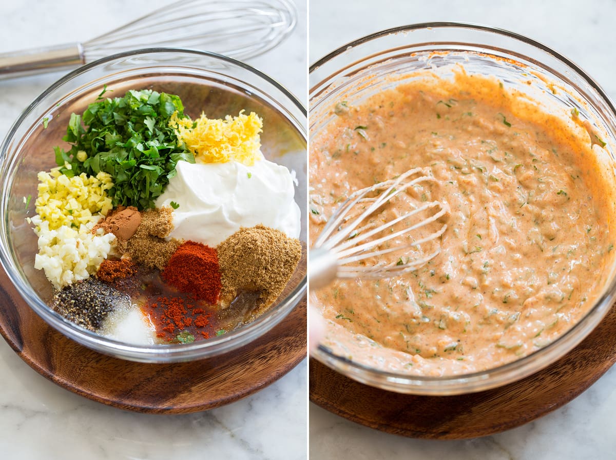 Yogurt Marinade Collage of two photos showing yogurt marinade before and after mixing.