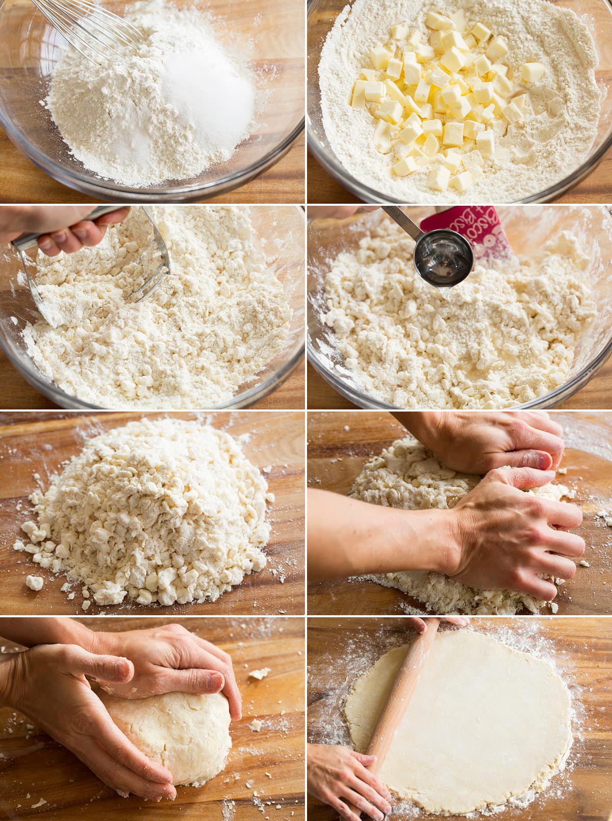 Apple Galette Collage of eight images showing steps of making a galette crust.