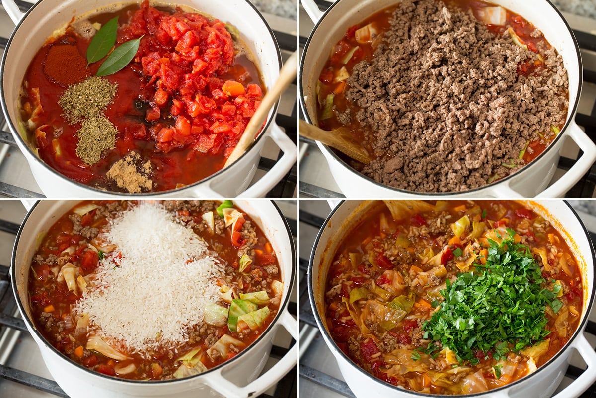 Cabbage Roll Soup Collage of four photos showing continued steps of making cabbage roll soup.