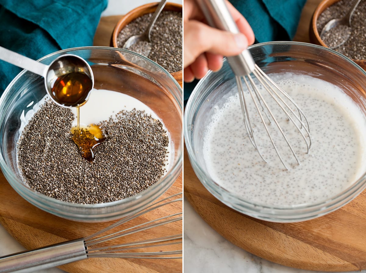 Chia Seed Pudding Collage of two photos showing steps of making chia pudding in a bowl.