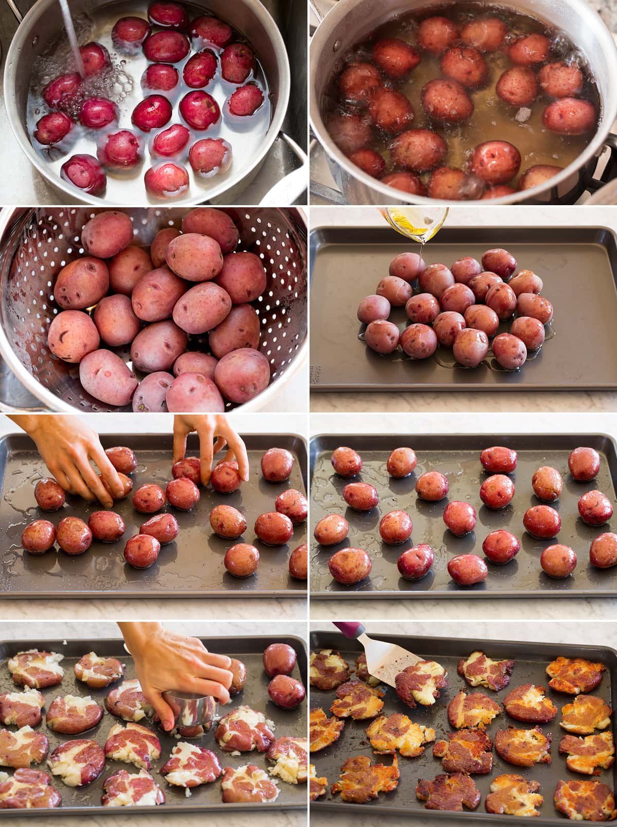 Smashed Potatoes Collage of eight photos showing steps to make smashed potatoes on a baking sheet.