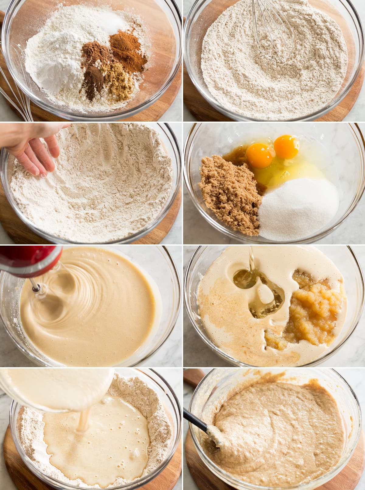 Applesauce Cake Collage of eight photos showing steps of making applesauce cake batter in mixing bowls.