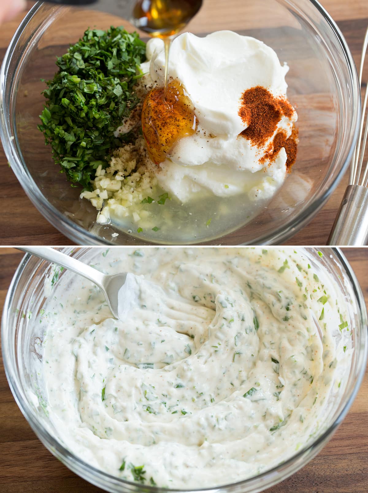 Avocado Fries Collage of two images showing creamy cilantro sauce before and after mixing.