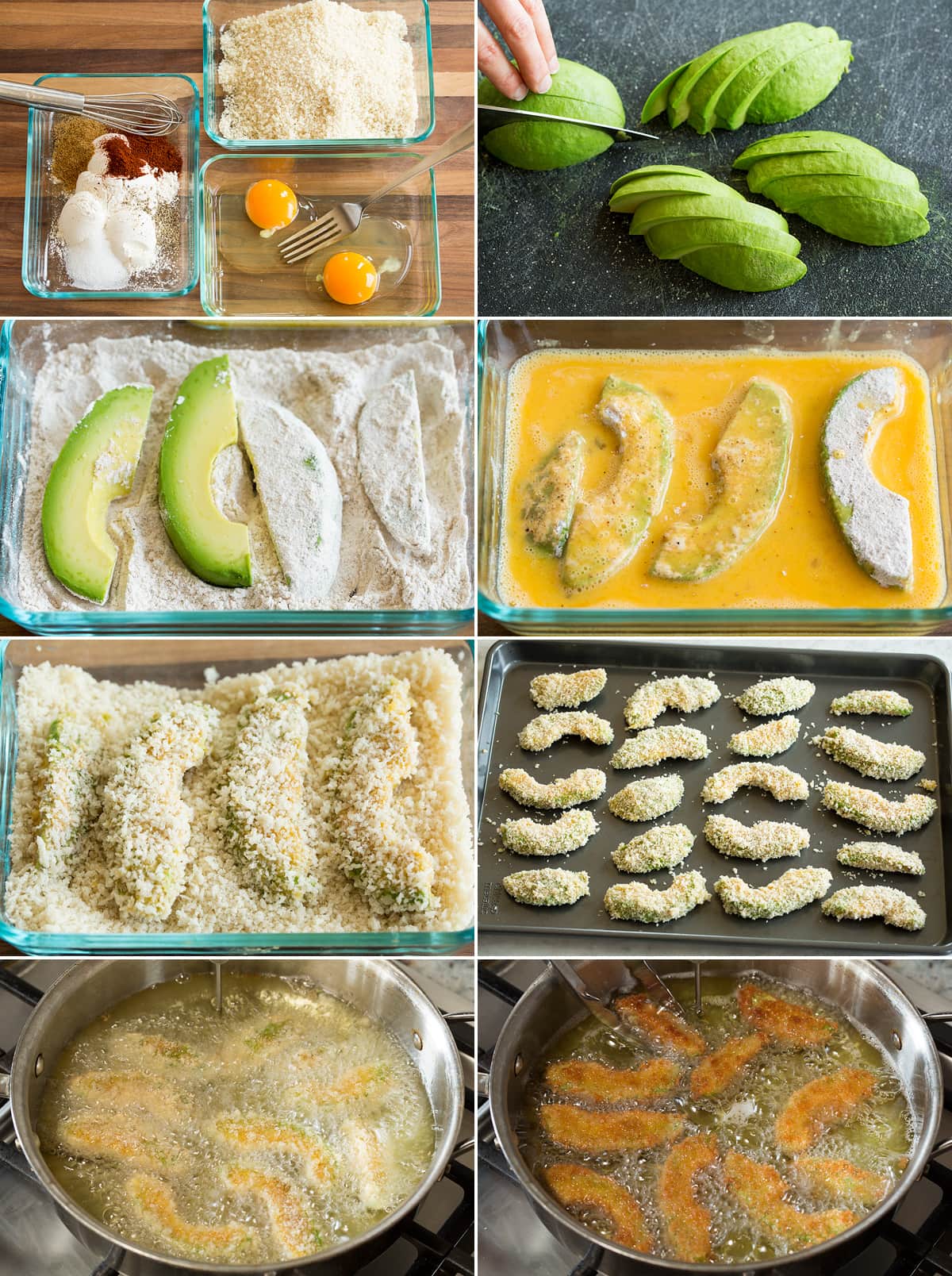 Avocado Fries Collage of eight images showing how to bread avocado slices then deep fry in a skillet to make fries.