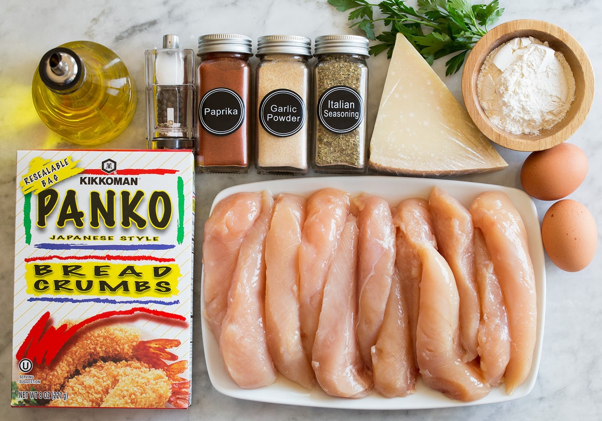 Baked Chicken Tenders Photo of ingredients used to make baked parmesan chicken tenders with panko.