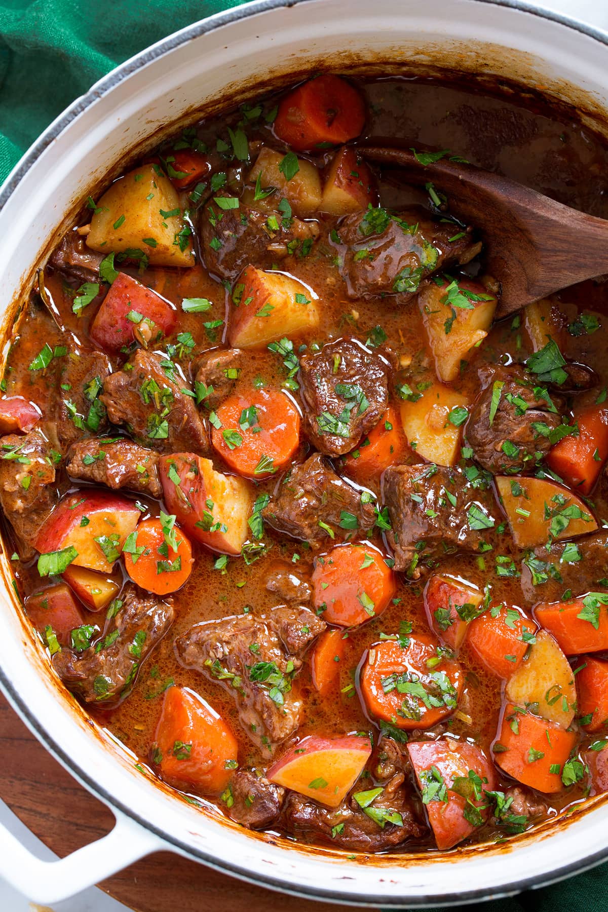 Beef Stew Close up photo showing homemade beef stew in a pot.