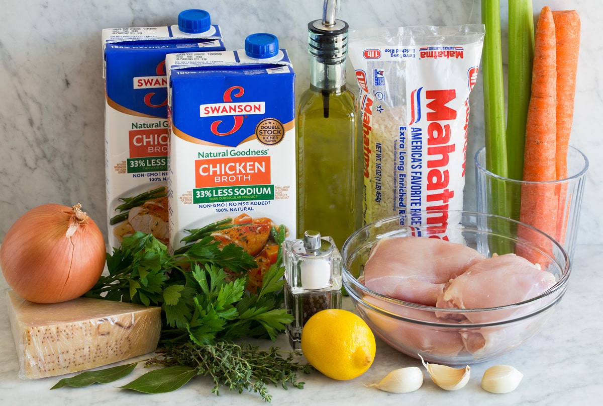 Chicken and Rice Soup Photo of ingredients used to make chicken and rice soup shown on a countertop.