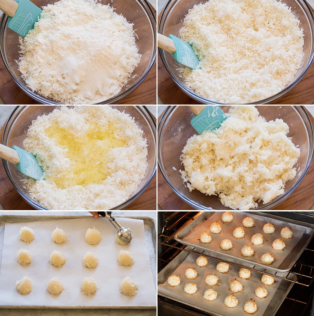 Coconut Macaroons Collage of six images showing how to make coconut macaroon cookie dough then bake in baking sheets.