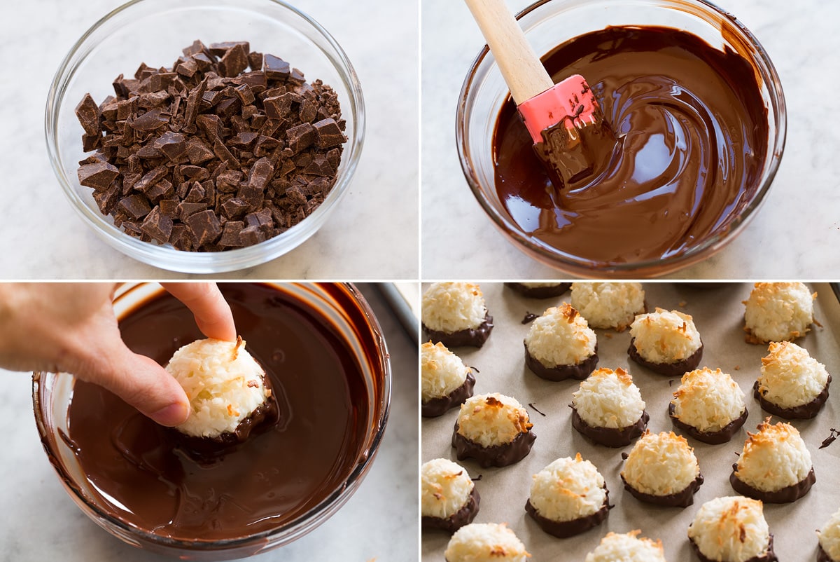 Coconut Macaroons Collage of four photos showing how to dip macaroons in chocolate.