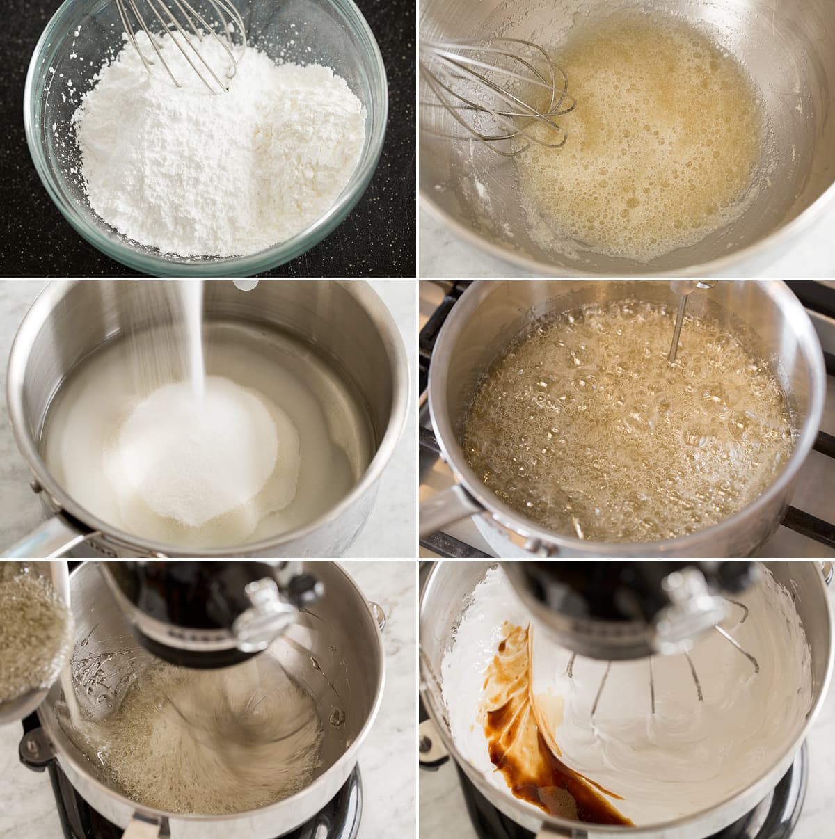 Homemade Marshmallows Collage of 6 photos showing how to make marshmallow mixture in pan and stand mixer.
