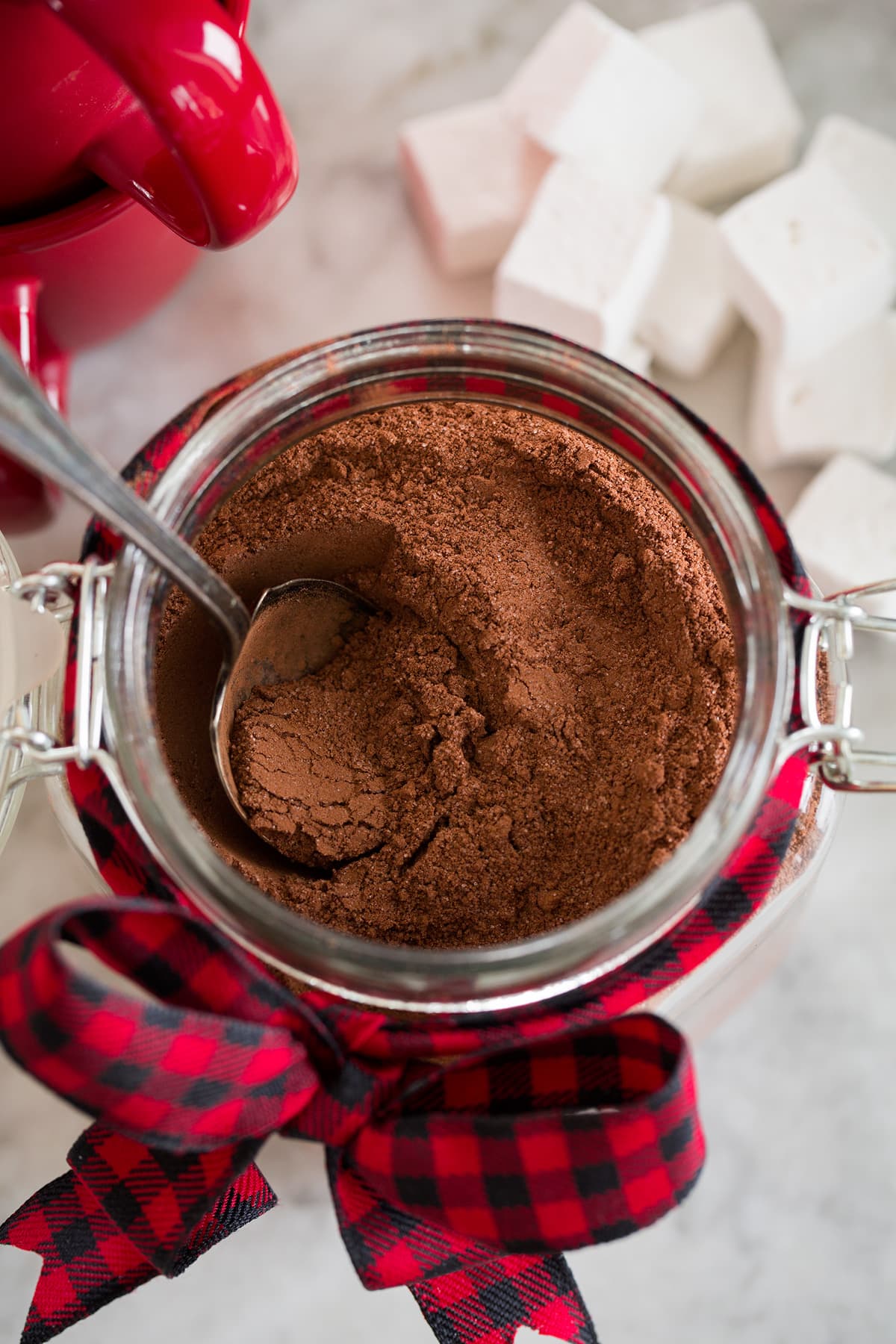 Homemade Hot Chocolate Mix Hot chocolate mix shown from above in container.